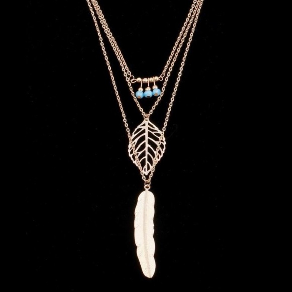 Boho Turquoise Leaf Feather Layered Necklace (#2) - Picture 5 of 13